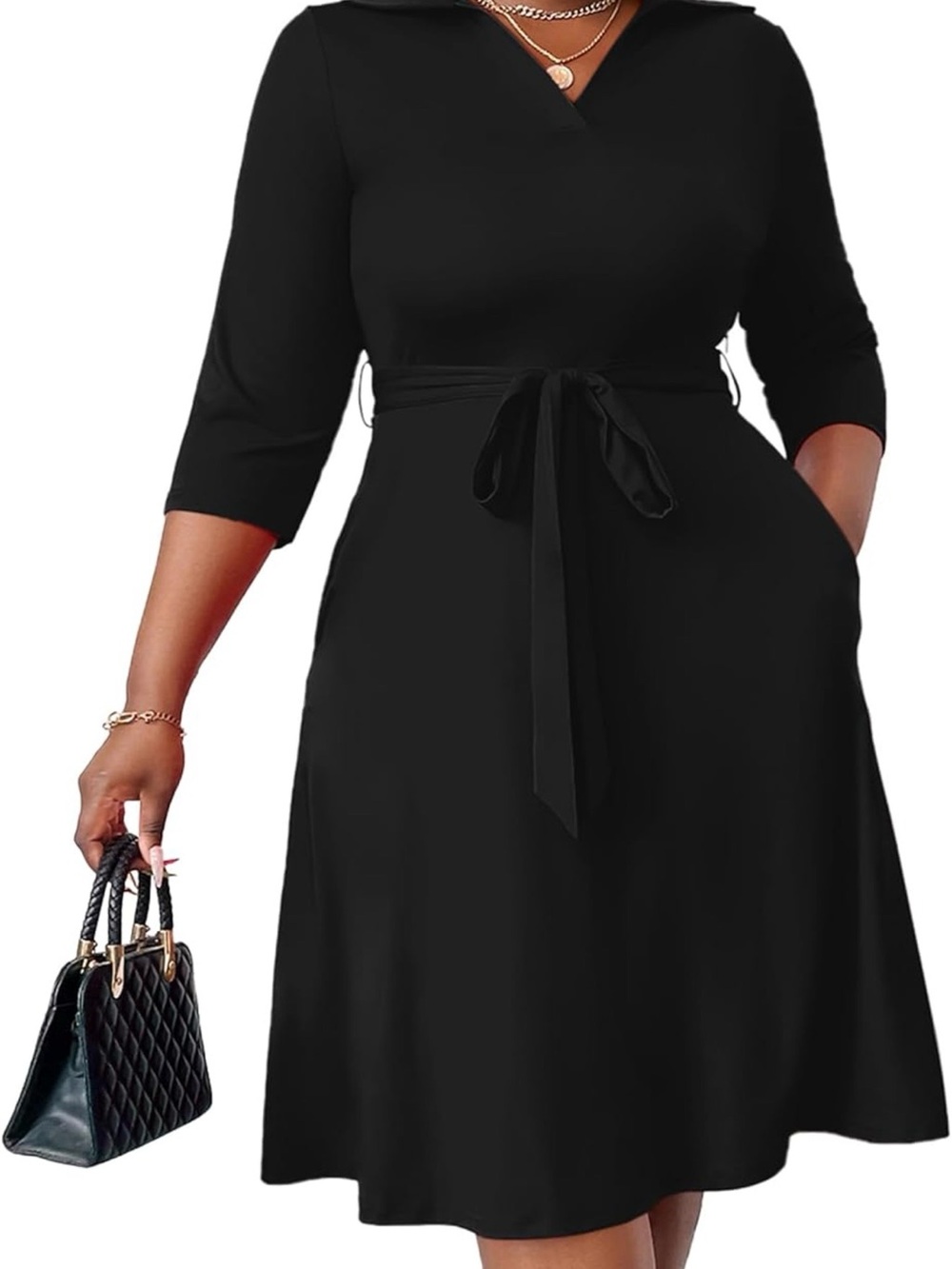 FANDEE Classic Black V-Neck Tie-Waist Dress